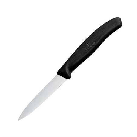 Cuchillo de oficina dentado puntiagudo Victorinox de 8 cm: corte preciso y penetración facilitada.