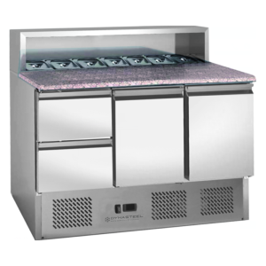 Meuble para Pizza Refrigerado Techo Inox 8 x GN1/6 - 2 Puertas y 2 Cajones - Dynasteel
