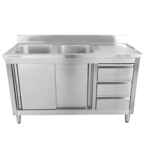 Mueble Fregadero 2 Cubetas con Salpicadero y 3 Cajones - 1400 x 600 mm - Cubeta a la Izquierda - Dynasteel