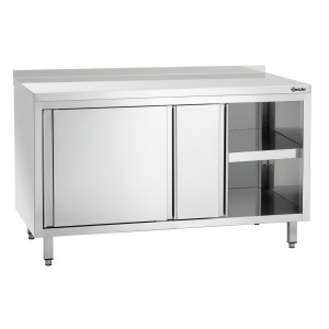 Mueble de acero inoxidable con puertas correderas, estante y respaldo - L 1400 mm