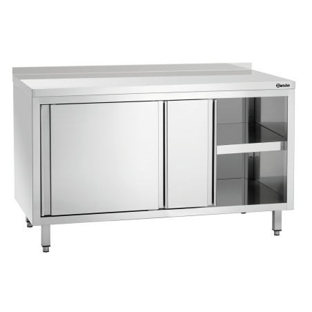 Mueble de acero inoxidable con puertas correderas, estante y respaldo - L 1400 mm