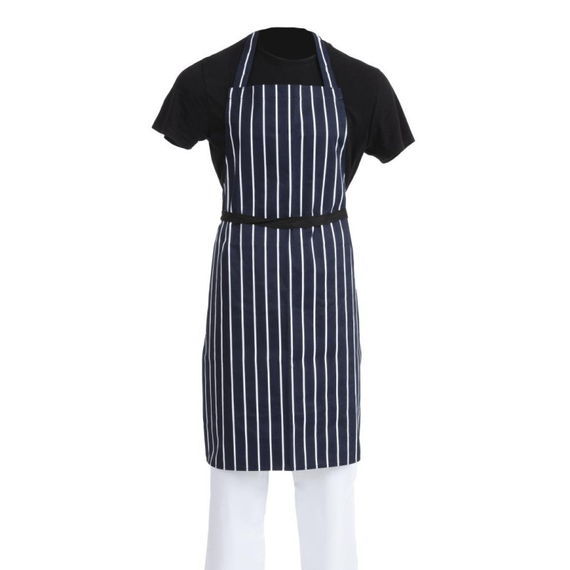 Apron Bib Without Pocket Striped Navy And White 965 X 710 Mm - Whites Chefs Clothing - Fourniresto