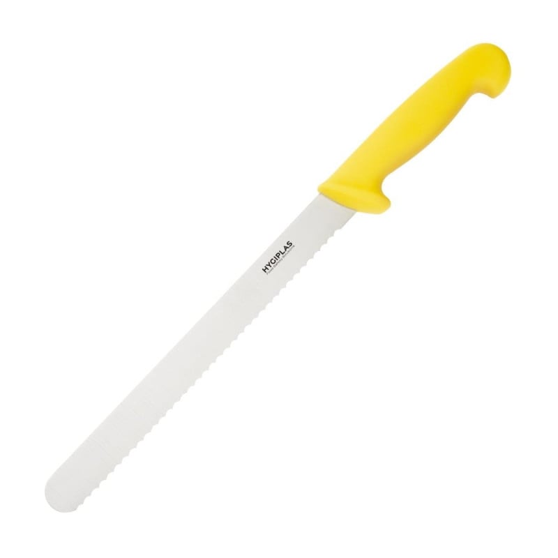 Cuchillo para cortar amarillo con hoja dentada de 25,5 cm - Hygiplas - Fourniresto