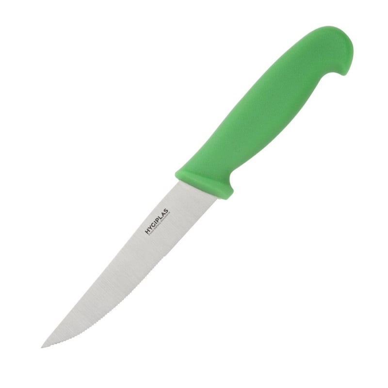 Cuchillo para verduras de hoja dentada verde de 10 cm - Hygiplas - Fourniresto