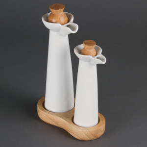 Bottle Oil And White Vinegar With Wooden Stand And Corks - Olympia - Fourniresto