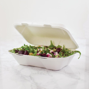 Meal Boxes in Bagasse with Hinged Lid - L 228mm - Pack of 200 - Vegware