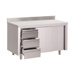 Mesa Armario de Acero Inoxidable con Respaldo 3 Cajones a la Derecha y Puertas Correderas - L 1200 x P 700mm - Gastro M
