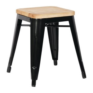 Taburetes Bistro Bajos de Acero Negro con Asiento de Madera - Lote de 4 - Bolero