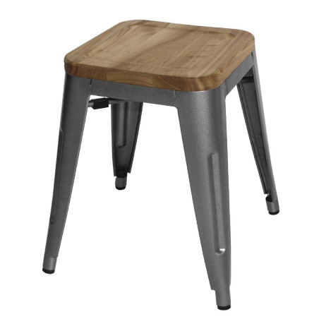 Taburetes Bistro Bajos de Acero Gris Metal con Asiento de Madera - Lote de 4 - Bolero