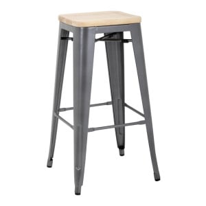 Taburete Bistro Alto de Acero Gris con Asiento de Madera - Lote de 4 - Bolero