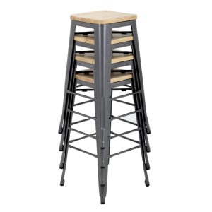 Taburete Bistro Alto de Acero Gris con Asiento de Madera - Lote de 4 - Bolero