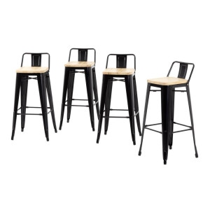 Taburetes Altos con Respaldo y Asiento de Madera – Negros - Lote de 4 - Bolero