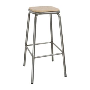 Taburete alto de acero galvanizado con asiento de madera - Juego de 4 - Bolero