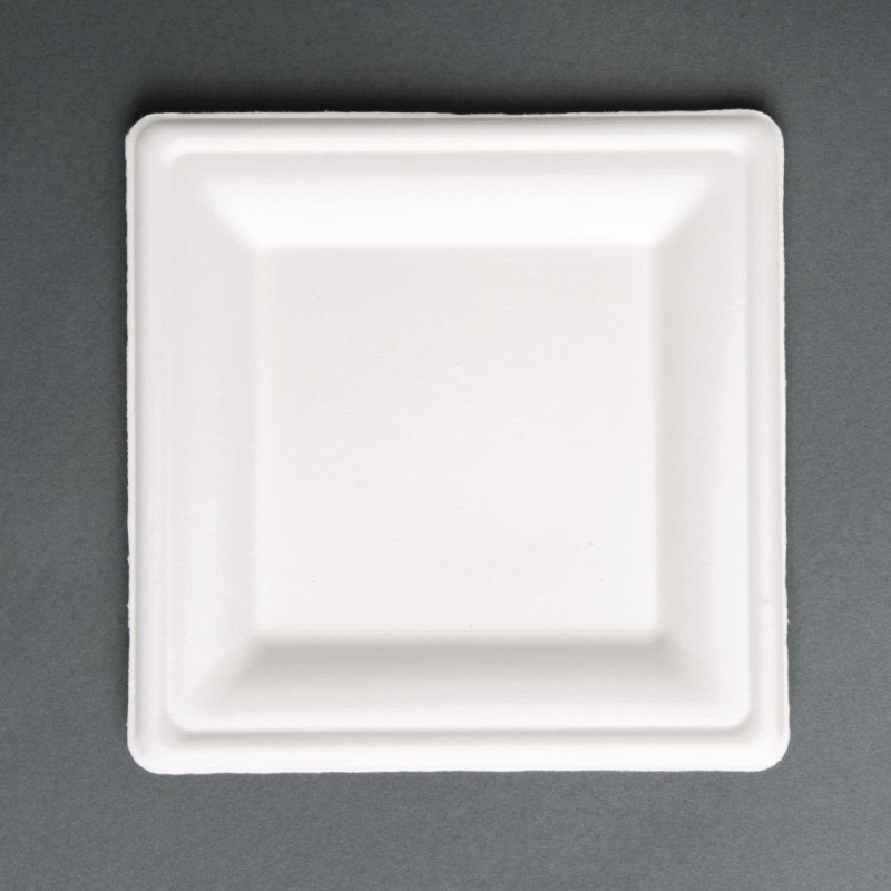 Platos cuadrados compostables de bagazo de caña de azúcar de 204 mm - Paquete de 50, ecológicos y reciclables.