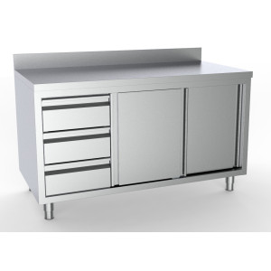 Mueble Inox Bajo con Respaldo- 2 Puertas y 3 Cajones a la Izquierda - L 1800 x P 700 mm - CombiSteel