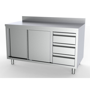 Mueble Inox Bajo con Respaldo - 2 Puertas y 3 Cajones a la Derecha - L 1400 x P 700 mm - CombiSteel