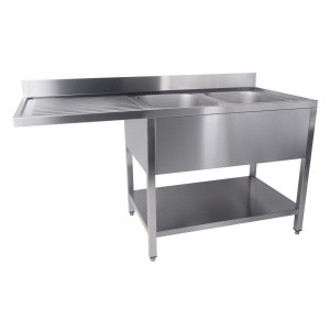 Plonge 2 Bacs y Paso para Lavavajillas a la Izquierda con Respaldo y Estante Desmontable - L 1600 x P 700 mm - CombiSteel