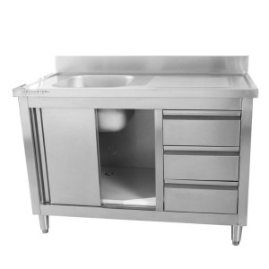 Meuble Plonge 1 Bac con Respaldo y 3 Cajones - 1200 x 600 mm - Bac a la Izquierda - Dynasteel