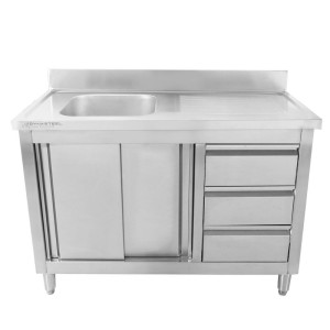 Meuble Plonge 1 Bac con Respaldo y 3 Cajones - 1200 x 600 mm - Bac a la Izquierda - Dynasteel