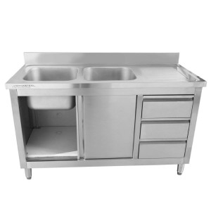Mueble Fregadero 2 Cubetas con Respaldo y 3 Cajones - 1400 x 600 mm - Cubeta a la Izquierda - Dynasteel