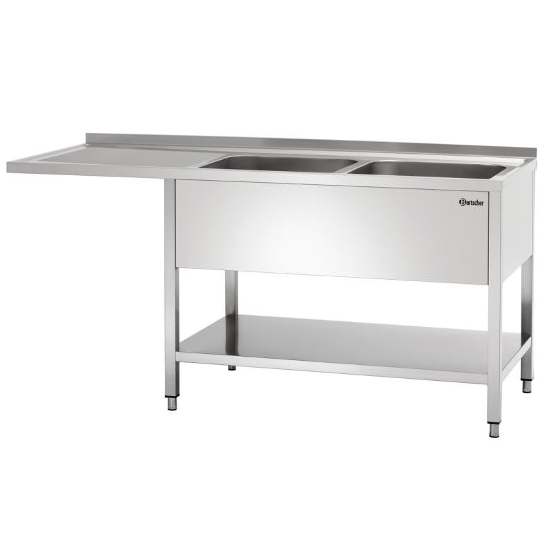 Fregadero de 2 Cubetas con Paso Lavavajillas, Respaldo y Estante Inferior - L 1800 x P 700 mm - Bartscher