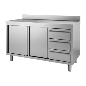 Mesa Armario de Acero Inoxidable con Respaldo 3 Cajones a la Derecha y Puertas Correderas - L 1200 x P 700mm - Gastro M