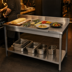 Mesa Inox 1600x700 mm Respaldo y Estante Inferior