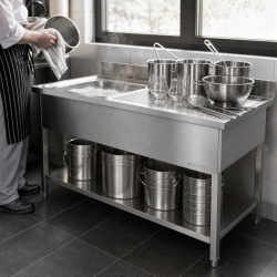 Plonge Inox 1 Cubeta 1200x600 mm, Escurridor Derecho, Respaldo