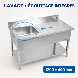 Plonge Inox 1 Cubeta 1200x600 mm, Escurridor Derecho, Respaldo
