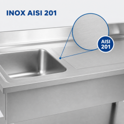 Plonge Inox 1 Cubeta 1200x600 mm, Escurridor Derecho, Respaldo