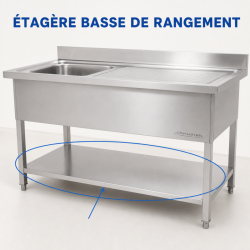 Plonge Inox 1 Cubeta 1200x600 mm, Escurridor Derecho, Respaldo
