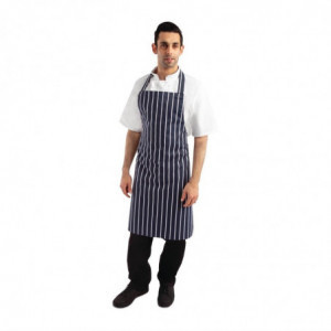 Delantal con babero sin bolsillo a rayas azul marino y blanco 965 x 710 mm - Ropa de chef Whites - Fourniresto