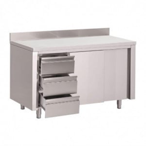 Mesa Armario de Acero Inoxidable con Respaldo 3 Cajones a la Derecha y Puertas Correderas - L 1200 x P 700mm - Gastro M
