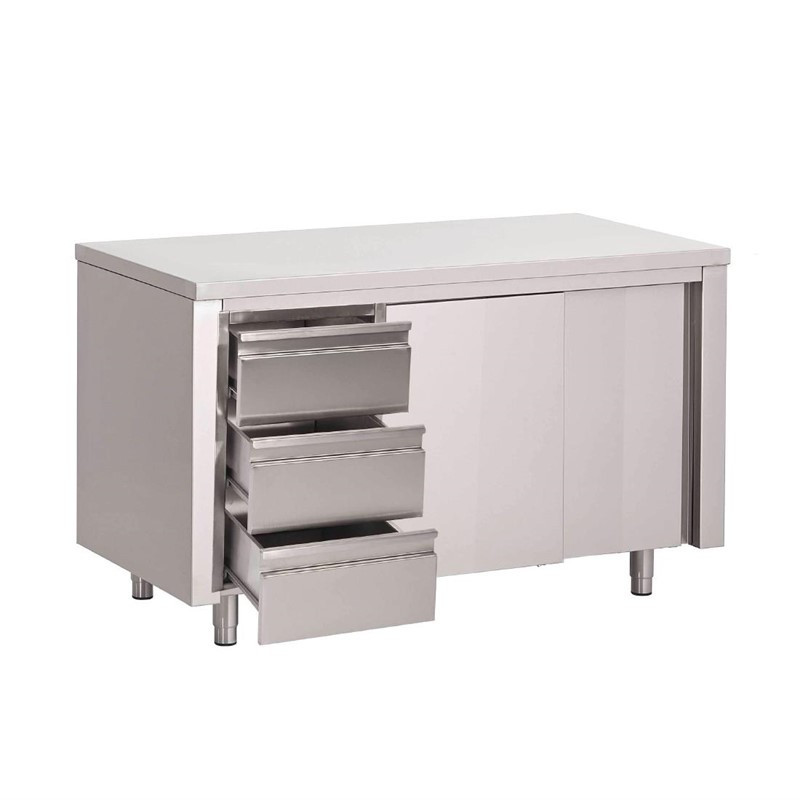 mMeuble en Inox Avec Portes Coulissantes et 3 Tiroirs À Gauche - L1800 x P 700mm - Gastro M