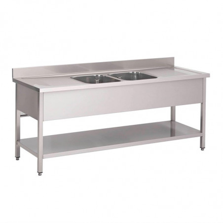 Plonge en Inox avec Étagère Basse 2 Bacs Au Centre-L 2000 x P 700mm- Gastro M