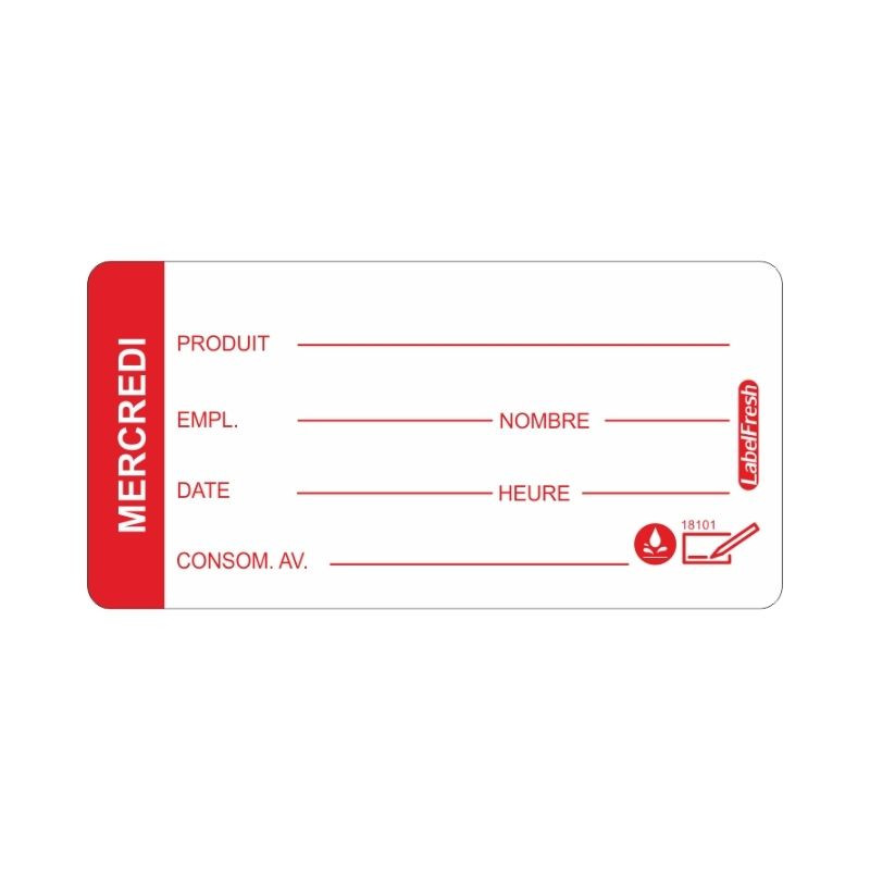 Etiquette de Traçabilité LabelFresh Soluble Easy - Mercredi - 60 x 30 mm - Lot de 250 - LabelFresh Etiquette de Traçabilité LabelFresh Soluble Easy - Mercredi - 60 x 30 mm - Lot de 250 - LabelFresh
