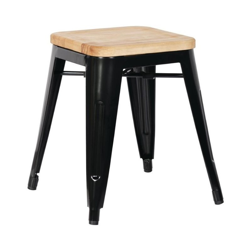 Taburetes Bistro Bajos de Acero Negro con Asiento de Madera - Lote de 4 - Bolero