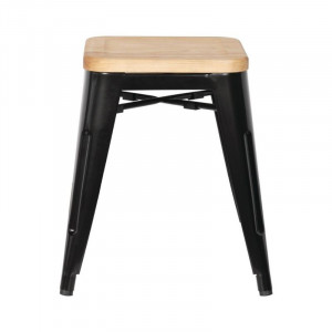 Taburetes Bistro Bajos de Acero Negro con Asiento de Madera - Lote de 4 - Bolero