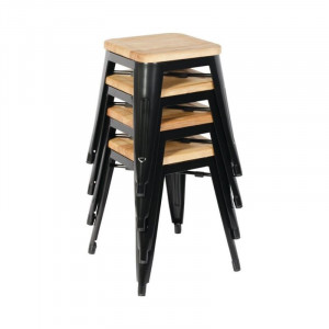 Taburetes Bistro Bajos de Acero Negro con Asiento de Madera - Lote de 4 - Bolero