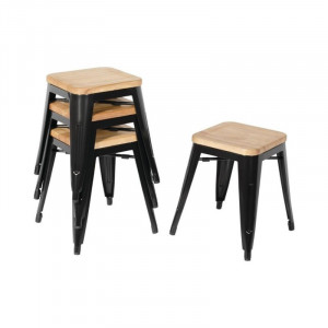 Taburetes Bistro Bajos de Acero Negro con Asiento de Madera - Lote de 4 - Bolero