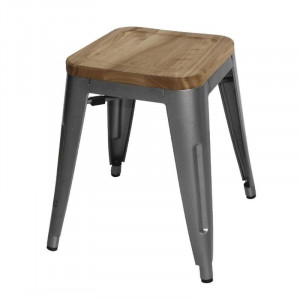 Low Bistro Stools in Grey Steel with Wooden Seat - Set of 4 - Bolero