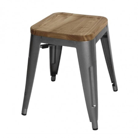 Low Bistro Stools in Grey Steel with Wooden Seat - Set of 4 - Bolero