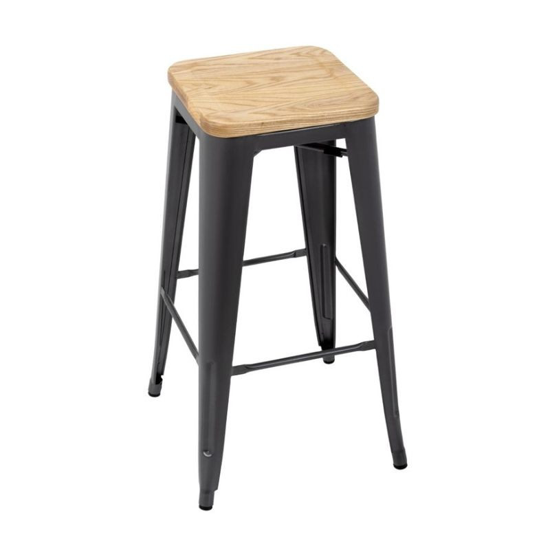 Taburete Bistro Alto de Acero Gris con Asiento de Madera - Lote de 4 - Bolero