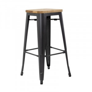 Taburete Bistro Alto de Acero Gris con Asiento de Madera - Lote de 4 - Bolero