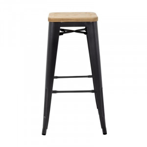 Tabouret Bistro Haut en Acier Gris avec Assise en Bois - Lot de 4 - Bolero