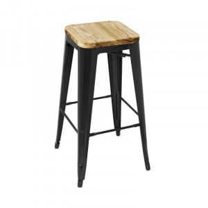 Tabouret Bistro Haut en Acier Noir avec Assise en Bois - Lot de 4 - Bolero