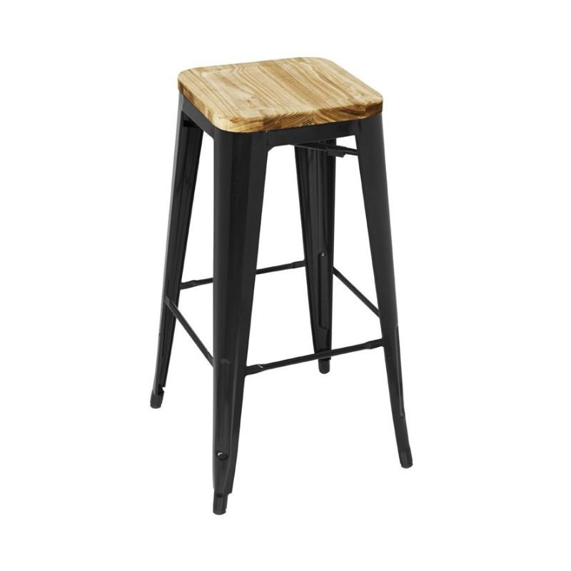 Taburete Bistro Alto de Acero Negro con Asiento de Madera - Lote de 4 - Bolero