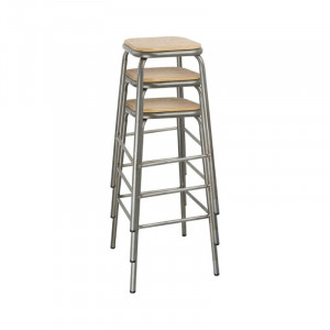 High Galvanized Steel Stool with Wooden Seat - Set of 4 - Bolero