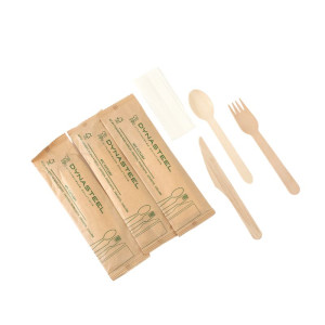 4-Piece Set - Dynasteel Wooden Cutlery: Knife, Fork, Large Spoon, Napkin - Pack of 500