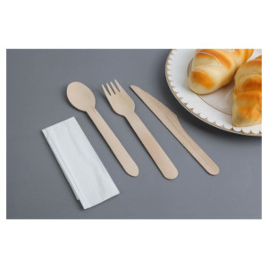 Kit de 4 Piezas - Cubiertos de Madera Dynasteel: Cuchillo, Tenedor, Cuchara Grande, Servilleta - Lote de 500